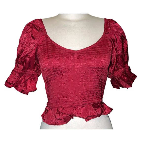 Band of the Free NWT Lea Rhubarb Smocked Crop Top Sz Lar Red Rhubarb Puff Sleeve - Picture 4 of 14